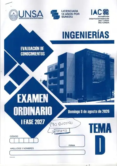 Examen de Admisión Ordinario Ingenierías I Fase 2027