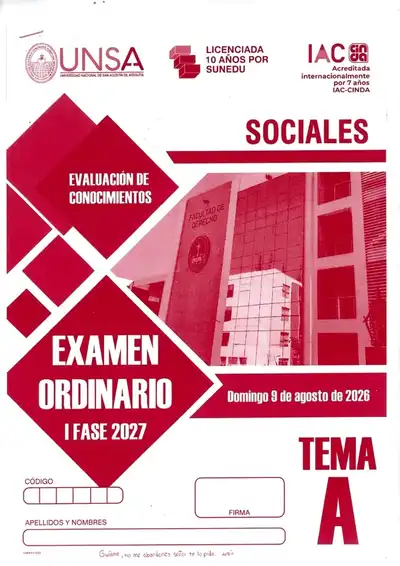 Examen de Admisión Ordinario UNSA Sociales I Fase 2027
